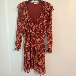 Time and Tru XL 16-18  burgundy floral Dress Long‎ Sleeve Plunge.